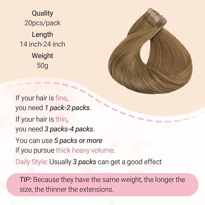 MAXITA Tape in Hair Extensions Human Hair 24 inch 50g 20pcs Light Chestnut Brown Real Human Hair Extensions 100% Remy Seamless Straight Hair Extensions for Women