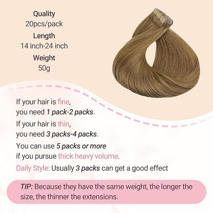 MAXITA Tape in Hair Extensions Human Hair 24 inch 50g 20pcs Light Chestnut Brown Real Human Hair Extensions 100% Remy Seamless Straight Hair Extensions for Women
