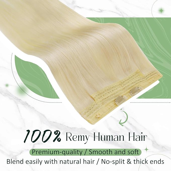 RUNATURE Wire Hair Extensions, Real Human Hair Wire Extensions Blonde, Invisible Fish Line Hair Extensions, Remy Natural Hair for Women, Add Volume, 12 Inch 70g #24 Bleach Blonde