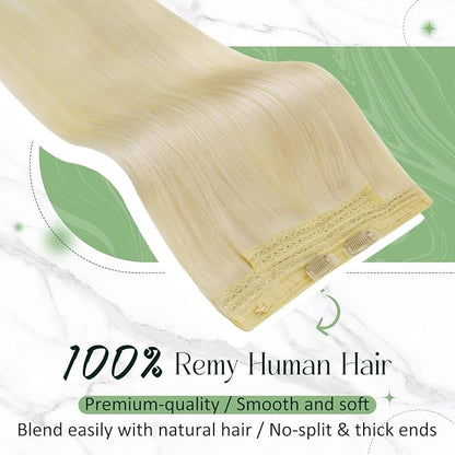 RUNATURE Wire Hair Extensions, Real Human Hair Wire Extensions Blonde, Invisible Fish Line Hair Extensions, Remy Natural Hair for Women, Add Volume, 12 Inch 70g #24 Bleach Blonde