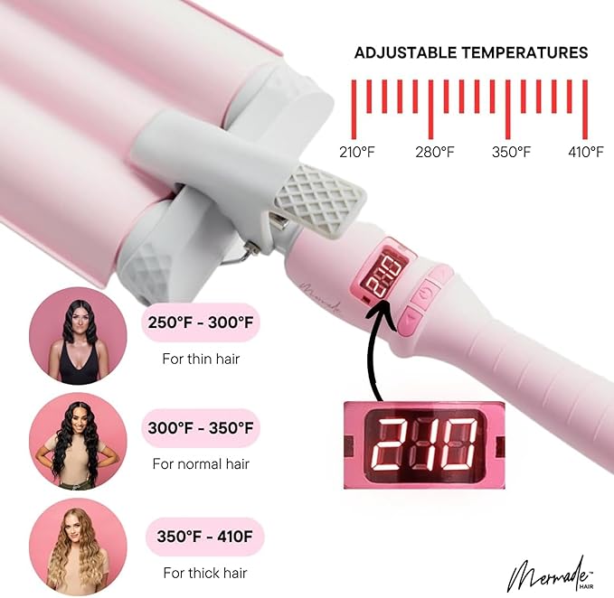 Mermade Hair PRO Hair Waver 1.25" - Hair Waver 3 Barrel, 3 Barrel Curling Iron 1 1/4 Inch, Ceramic Barrel Waver for Thick, Thin, Long, or Short Hair - 1.25"