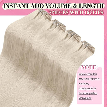 YoungSee 135G Clip in Hair Extensions Blonde Clip in Human Hair Extension Platinum Blonde Thick End Full Head Real Human Hair Extensions 7Pcs 16Inch
