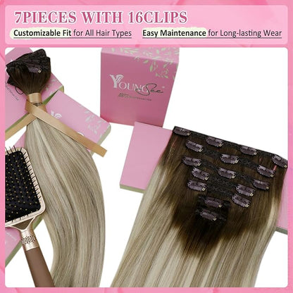 YoungSee Clip on Hair Extensions Ombre Hair Extensions Clip ins Dark Brown Ombre Golden Blonde Mix Platinum Blonde Balayage Soft and Silky Real Human Hair Extensions for Women 120G 20Inch 7Pcs