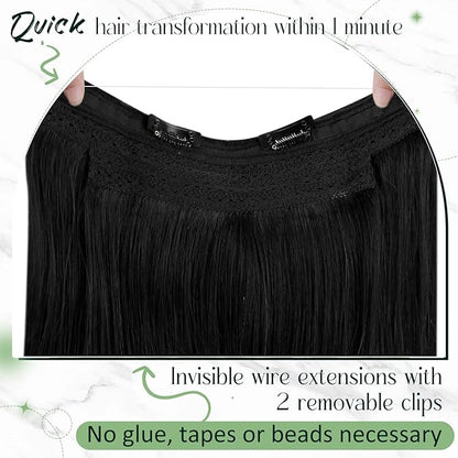 RUANTURE Wire Hair Extensions Real Human Hair, Invisible Hair Extensions with Transparent Fish Line, Adjustable Size, Remy Straight Natural Looking, 16 Inch 80g #1 Jet Black