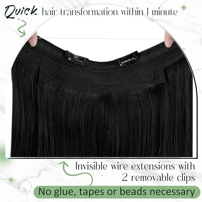 RUNATURE Wire Human Hair Extensions One Piece Clip in Wire Hair Extensions Real Human Hair Invisible Fish Line Extensions Add Hair Volume, 18 Inch 80g #1 Jet Black