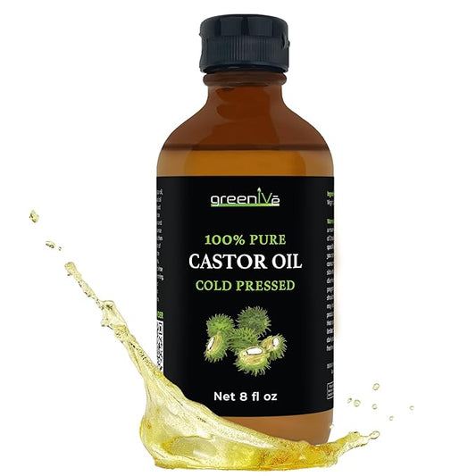 GreenIVe Castor Oil Organically Grown 100% Pure 8oz Glass Bottle Cold Pressed, Hexane Free, Eyelash and Eyebrow Growth Serum, Skin Moisturizer Detox and Wraps