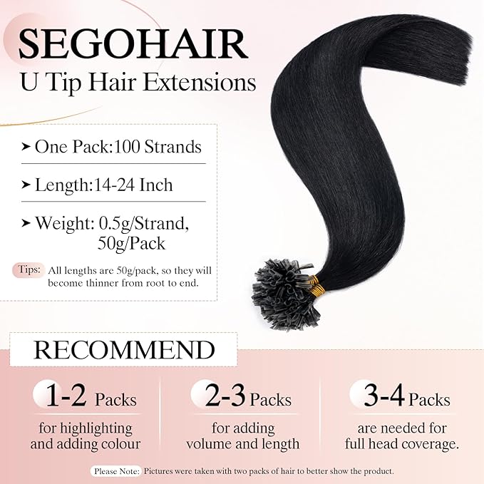 U Tip Hair Extensions Human Hair Pre Bonded Extensions Keratin Fusion Extensions K Tip Hair Extensions Real Human Hair Silky Straight Natural 50g/100 Stands 14" Jet Black