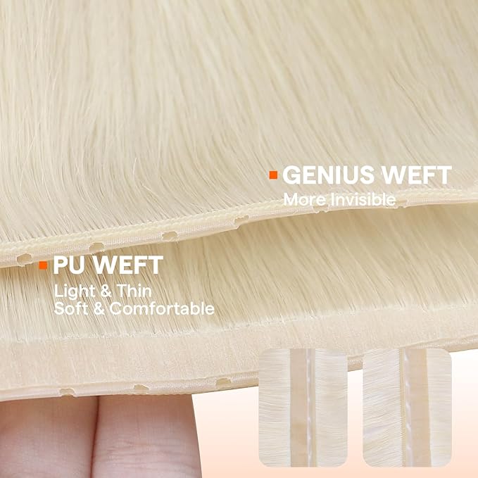 Full Shine Butterfly Weft Hair Extensions Color Platinum Blonde Extensions Hand Tied Weft Extensions 16 Inch Inviisble Pu Hole Weft Remy Straight Hair Weft Micro Ring Add Volume 80G