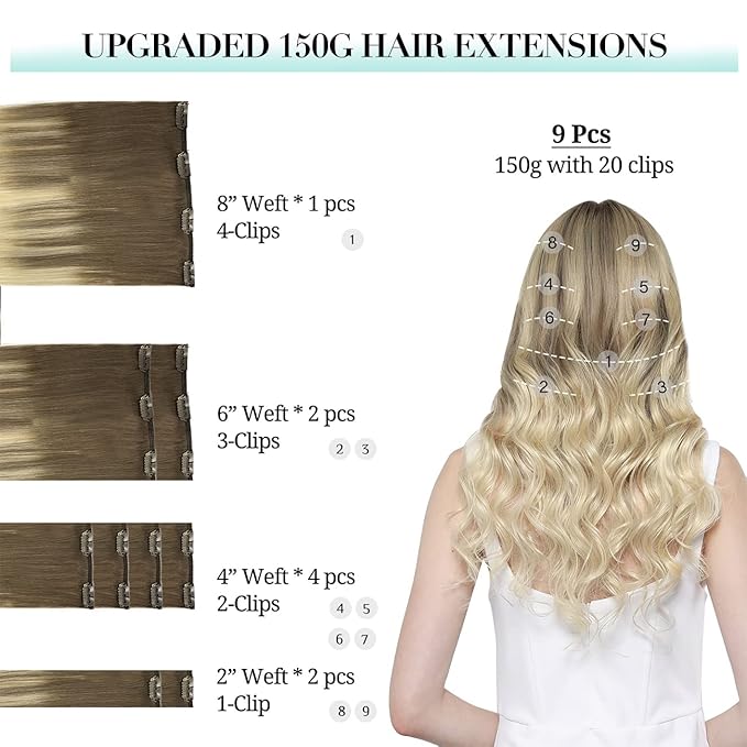 DOORES Hair Extensions Clip in Human Hair - Ash Brown to Platinum Blonde, 24 Inch, 9pcs 150g, Thick Straight Natural Real Hair