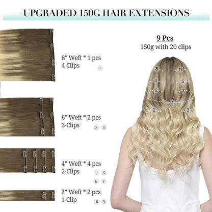 DOORES Hair Extensions Clip in Human Hair - Ash Brown to Platinum Blonde, 24 Inch, 9pcs 150g, Thick Straight Natural Real Hair
