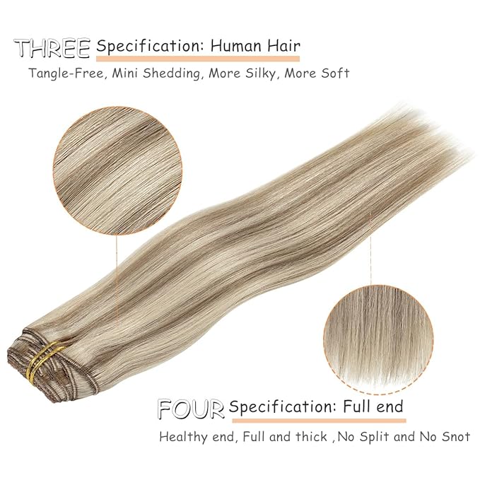 Caliee Clip in Hair Extensions P18/613 Ash Blonde Highlighted Bleach Blonde Real Human Hair Extensions Clip ins Double Weft Lace Invisible Silky Straight Natural Hair 20Inch 140G