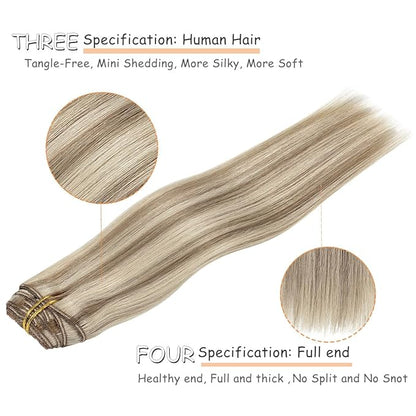 Caliee Clip in Hair Extensions P18/613 Ash Blonde Highlighted Bleach Blonde Real Human Hair Extensions Clip ins Double Weft Lace Invisible Silky Straight Natural Hair 20Inch 140G