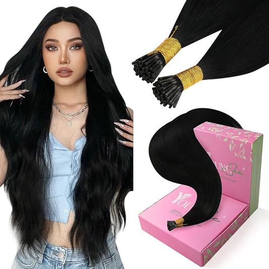 YoungSee 26 Inch I Tip Hair Extensions Human Hair Black Itip Extensions Black I Tip Extensions Human Hair Jet Black Keratin Tip Hair Extensions Human Hair 50s 50g Extensions for Women Real Hair