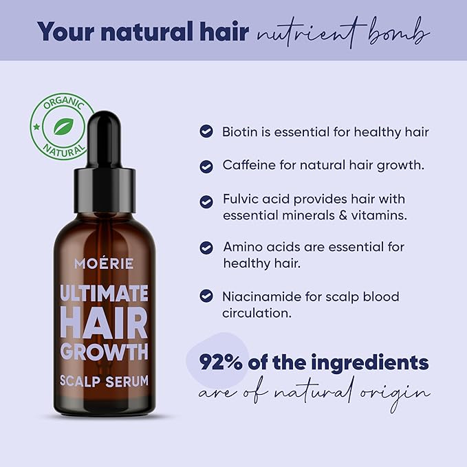MOERIE Ultimate Hair Growth Serum for Natural Hair Regrowth & Thickening - Anti Thinning & Hair Loss Treatment for Women - Rapid Hair Growth Products - Scalp Oil Alternative - 1.69 fl oz / 50 ml