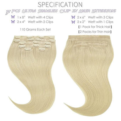 Lacer Hair Ultra Seamless Real Hair Extensions Clip in Human Hair 9A Grade Remy Hair Super Invisible Double Side PU Skin Weft Comfortable Clip Ins for Women 7 Pcs 110g 16 Inch #60A Platinum Blonde