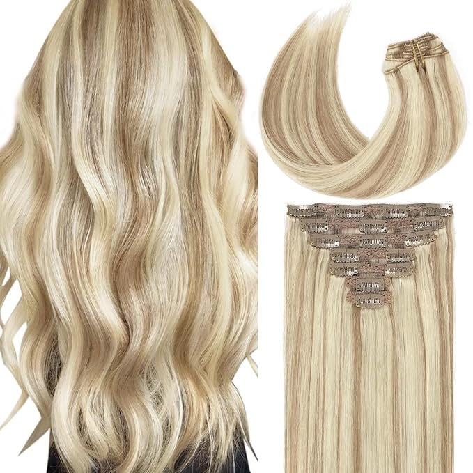 Caliee Real Hair Extensions Clip in Human Hair Natural Silky Straight Hair Extensions Balayage Clip in Hair Extehsions Golden Brown #10 Mixed Bleach Blonde #613 140g 7Pcs 22inch