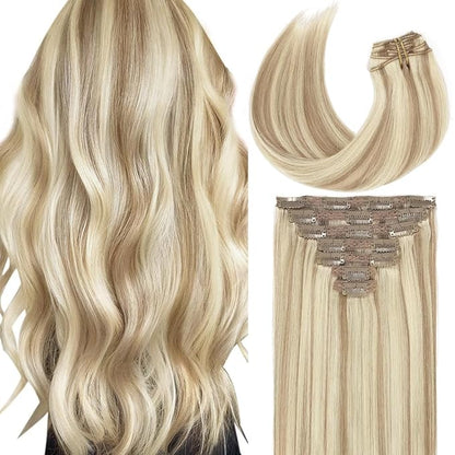 Caliee Real Hair Extensions Clip in Human Hair Natural Silky Straight Hair Extensions Balayage Clip in Hair Extehsions Golden Brown #10 Mixed Bleach Blonde #613 140g 7Pcs 22inch