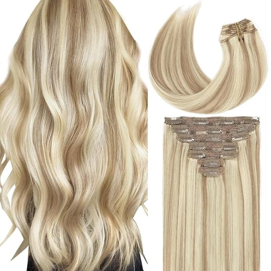 Caliee Real Hair Extensions Clip in Human Hair Natural Silky Straight Hair Extensions Balayage Clip in Hair Extehsions Golden Brown #10 Mixed Bleach Blonde #613 140g 7Pcs 22inch