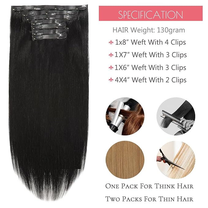 Loxxy Seamless Clip in Hair Extensions 16Inch 130G 7Pcs Jet Black Remy Hair Extensions Clip in Human Hair Invisible PU Skin Weft Natural Real Human Hair Extensions Silky Straight