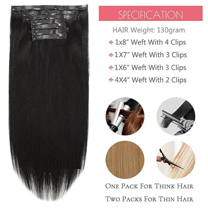 Loxxy Seamless Clip in Hair Extensions 16Inch 130G 7Pcs Jet Black Remy Hair Extensions Clip in Human Hair Invisible PU Skin Weft Natural Real Human Hair Extensions Silky Straight