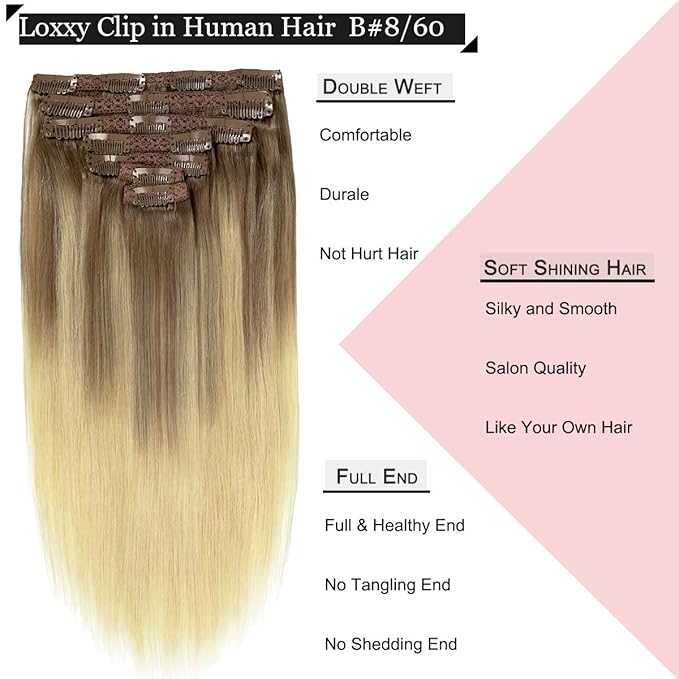 Loxxy 22 Inch Clip in Hair Extensions Remy Human Hair 140g 7pcs 16 Clips Silky Straight 100% Real Balayage Human Hair Extensions in B#8/60 Light Brown Fading to Platinum Blonde Color