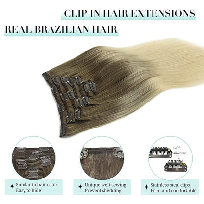 DOORES Hair Extensions Clip in Human Hair, Ash Brown to Platinum Blonde 12 Inch 7pcs 80g, Clip in Hair Extensions Real Human Hair Extensions Human Hair Natural Silky Straight Hair