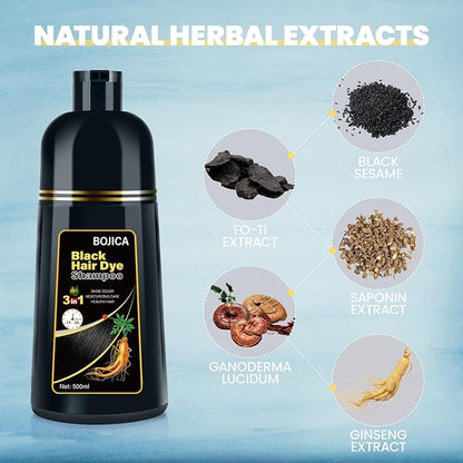 Black Hair Dye 3 in 1 Shampoo for Gray Hair, Herbal Ingredients for Women&Men, Dye in Minutes/Semi-Permanent/(17.6 FL OZ)