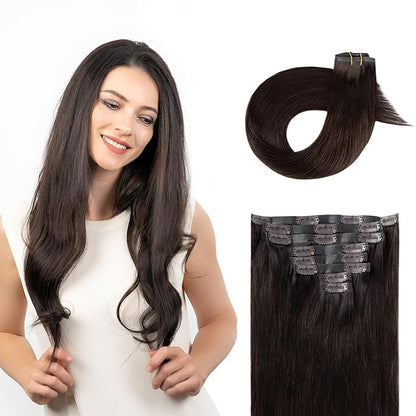 Clip in Hair Extensions Real Human Hair Dark Brown Seamless Clip In 100% Remy Hair Extensions PU Skin Weft Add Volume Thick&Invisible #2 20Inch 120G 8PCS