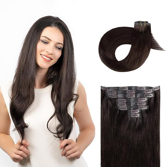 Clip in Hair Extensions Real Human Hair Dark Brown Seamless Clip In 100% Remy Hair Extensions PU Skin Weft Add Volume Thick&Invisible #2 20Inch 120G 8PCS