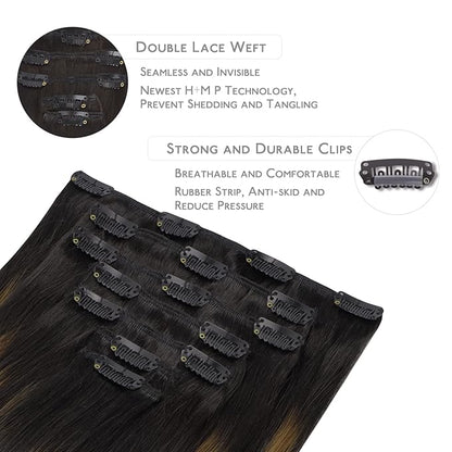 WENNALIFE Clip in Hair Extensions Real Human Hair, 22 Inch 160g 7pcs Remy Hair, Balayage Natural Black to Chestnut Brown Straight Clip Ins Natural Extensiones De Cabello Humano Con