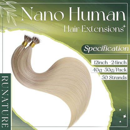 RUNATURE 22 Inch Nano Bead Hair Extensions Human Hair Ombre Ash Blonde Mix Light Blonde Fading to Platinum Blonde Remy Nano Extensions Human Hair Silky Nana Link Human Hair Extensions 50g 50s