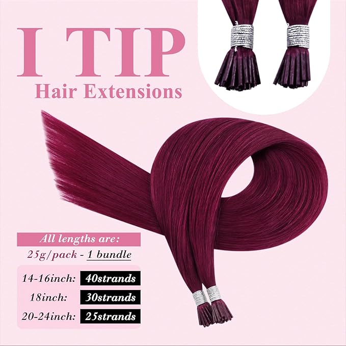 YoungSee I Tip Hair Extensions Magenta 25s Itips Hair Extensions Human Hair Red 25g Color I Tip Extensions for Long Hair 24 Inch Remy Tip Hair Extensions Real Human Hair Red for Play Highlights