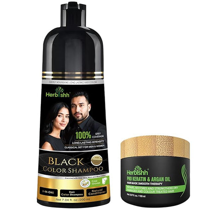 Herbishh Black Hair Dye Shampoo 200ml + Argan Hair Mask 150ml – Grey Coverage & Deep Repair Combo – Sulfate-Free & Paraben-Free
