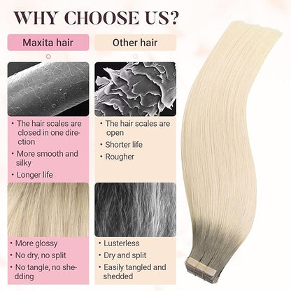 MAXITA Tape in Hair Extensions Human Hair Light Ash Brown to Ash Blonde 14 Inch Straight Seamless Invisible Skin Weft Thick Soft Silky Human Hair Extensions Tape