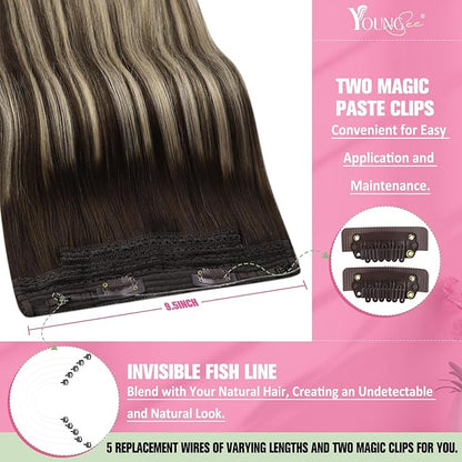 YoungSee Wire Hair Extensions Human Hair Balayage Brown Wire Extensions with Adjustable Clips Ombre Dark Brown with Ash Blonde Thickness Human Hair Extensions Blend Natural Looking 16Inch 80G
