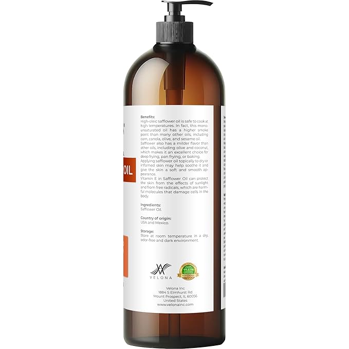 velona Safflower Oil 32 fl oz | 100% Pure and Natural Carrier Oil | Refined, Expeller Pressed | Cooking, Skin, Hair, Body & Face Moisturizing | Use Today - Enjoy Results