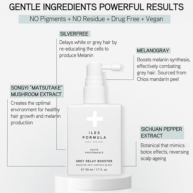 ILES FORMULA Grey Delay Booster – Anti-Gray Leave-In Hair Treatment, Prevents Premature Graying & Stimulates Melanin Production, Plant-Based w/Chios Mandarin & Matsutake Mushroom, 1.7 fl oz (50 ml)