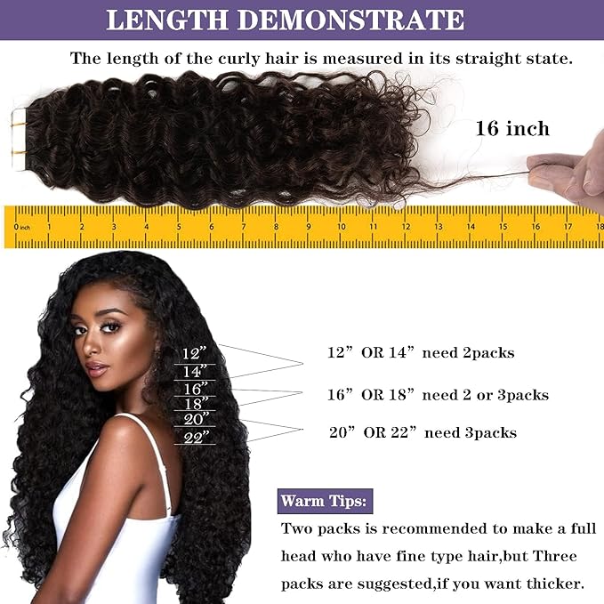 Anrosa Tape In Kinky Curly Hair Extensions Human Hair Natural Black 1B Color 14 inch 3B 3C Jerry Curly Tape in Hair Extensions Human Hair Black Women 20pcs 50g
