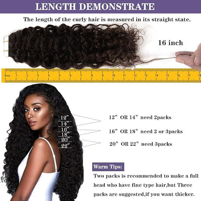 Anrosa Tape In Kinky Curly Hair Extensions Human Hair Natural Black 1B Color 14 inch 3B 3C Jerry Curly Tape in Hair Extensions Human Hair Black Women 20pcs 50g