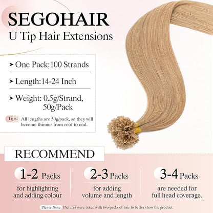 U Tip Hair Extensions Human Hair Pre Bonded Extensions Keratin Fusion Extensions K Tip Hair Extensions Real Human Hair Silky Straight Natural 50g/100 Stands 22" Dark Blonde