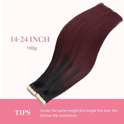 GOO GOO Tape in Hair Extensions Human Hair, 1/99 Balayage Jet Black to Red, 22inch 100g 40pcs, Skin Weft Seamless Invisible, Silky Straight with Thick Ends, Remy Human Hair