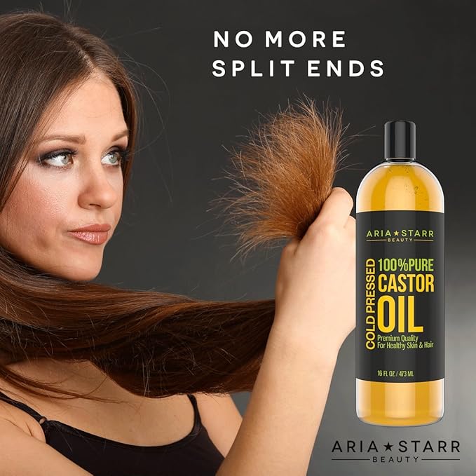 Aria Starr Castor Oil Cold Pressed - 16 FL OZ - 100% Pure Hair Oil For Hair Growth, Face, Skin Moisturizer, Scalp, Thicker Eyebrows And Eyelashes