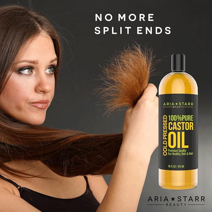 Aria Starr Castor Oil Cold Pressed - 16 FL OZ - 100% Pure Hair Oil For Hair Growth, Face, Skin Moisturizer, Scalp, Thicker Eyebrows And Eyelashes