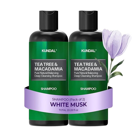 Kundal Tea Tree & Macadamia Deep Cleansing Shampoo - Korean Hair Care, Scalp Care, Tea Tree extract, For All hair Types 10.14fl oz each (Pack of 2) (White Musk)