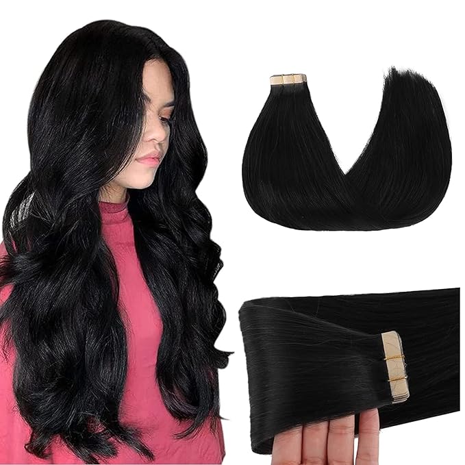 GOO GOO Tape in Hair Extensions Human Hair, 1 Jet Black, 14inch 20pcs 50g, Silky Straight, Thick Ends, Natural-Looking, Double-Sided Tape in