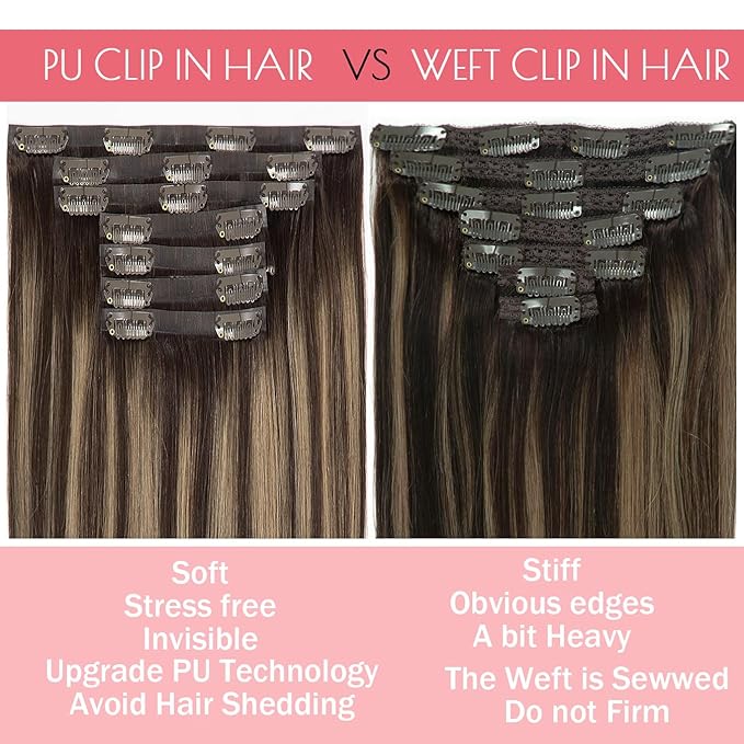 Loxxy Real Hair Extensions - Clip-In Human Hair Ombre Dark Brown to Chestnut Brown - Invisible Clip Ins - 18in, 130g, 7pcs - Seamless, Silky Straight, Thick Remy