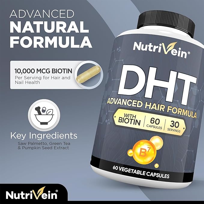 Nutrivein Premium DHT Blocker for Men & Women - with Biotin - 30 Day Supply (60 Caps): Hair Supplements for Men & Women of All Ages - for A Great Head of Hair