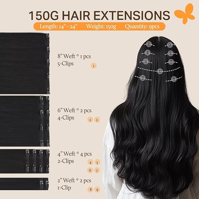DOORES Clip in Hair Extensions Real Human Hair, Jet Black 150g 9pcs 20 Inch, Human Hair Extensions Remy Hair Extensions Human Hair Clip in Straight Thick Extensions Human Hair Natural