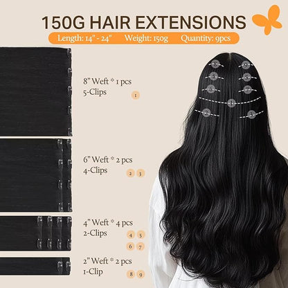 DOORES Clip in Hair Extensions Real Human Hair, Jet Black 150g 9pcs 20 Inch, Human Hair Extensions Remy Hair Extensions Human Hair Clip in Straight Thick Extensions Human Hair Natural