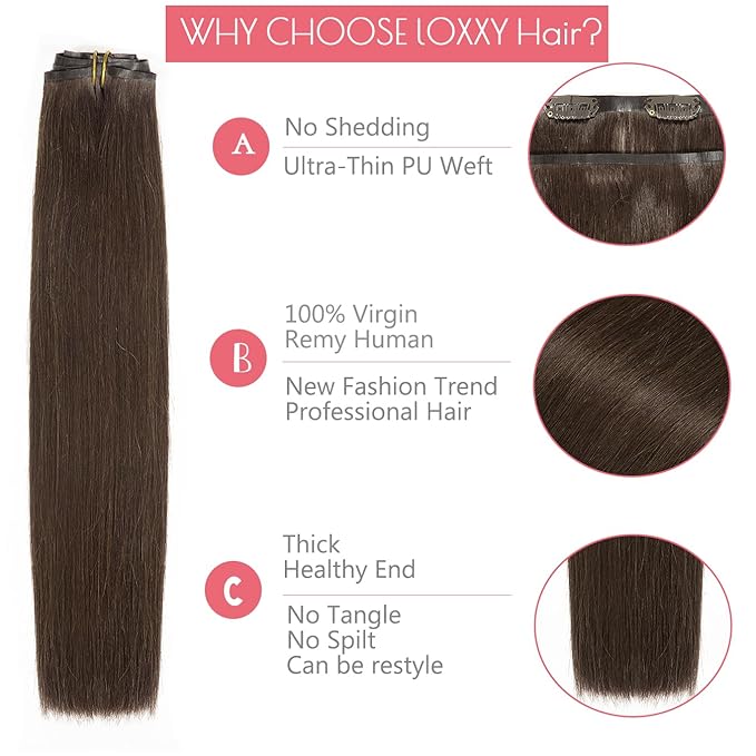 Loxxy Seamless Clip in Hair Extensions 22Inch 110G 7Pcs Light Dark Brown Real Human Hair Clip in Extensions Invisible With PU Clip On Hair Extensions Human Hair For Women Silky Straight #2A